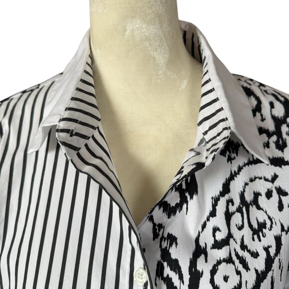 Chico's black and white striped and floral short sleeve button down shirt size 1 - Picture 5 of 9